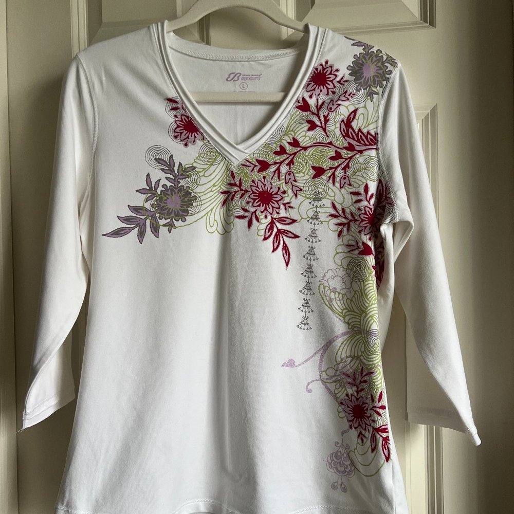 Eddie Bauer Women's 3/4 Sleeves White Tee with Floral Design, Sz L